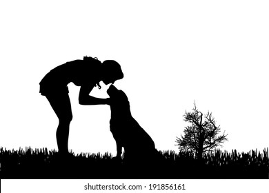 Vector silhouette of woman with dog on a white background. 