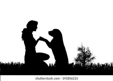 Vector silhouette of woman with dog on a white background. 