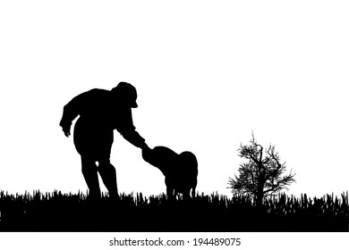 Vector silhouette of woman with dog on a white background. 