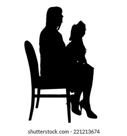 Vector silhouette of woman with a dog on a white background.