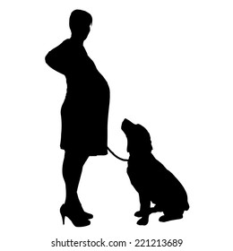 Vector silhouette of woman with a dog on a white background.