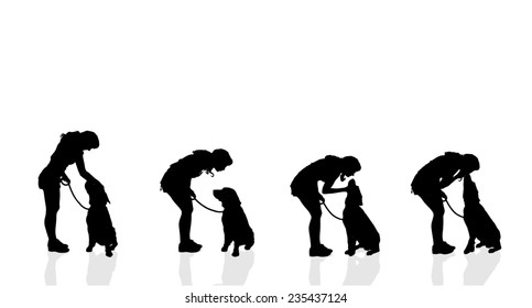 Vector silhouette of a woman with a dog on a white background.