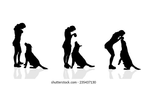 Vector silhouette of a woman with a dog on a white background.