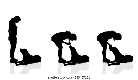 Vector silhouette of a woman with a dog on a white background.