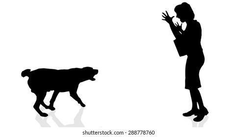 Vector silhouette of a woman with a dog on a white background.