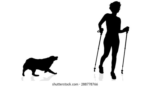 Vector silhouette of a woman with a dog on a white background.