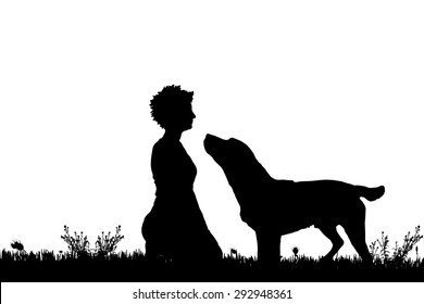 Vector silhouette of a woman with a dog on a meadow.