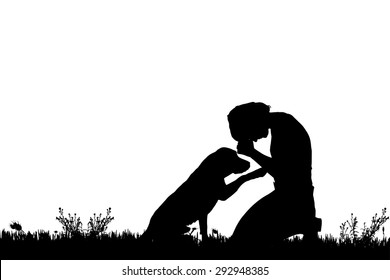 Vector silhouette of a woman with a dog on a meadow.