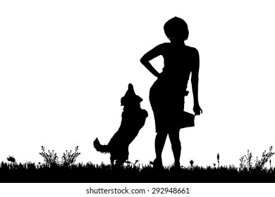 Vector silhouette of a woman with a dog on a meadow.