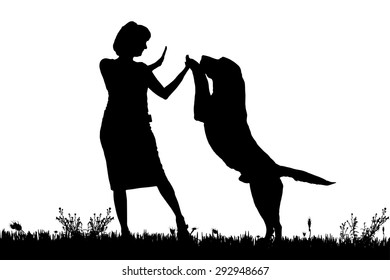Vector silhouette of a woman with a dog on a meadow.