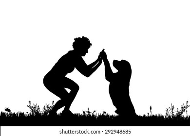 Vector silhouette of a woman with a dog on a meadow.