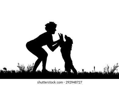 Vector silhouette of a woman with a dog on a meadow.