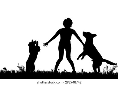 Vector silhouette of a woman with a dog on a meadow.