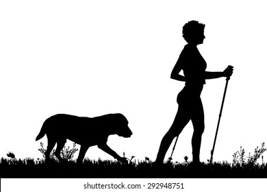 Vector silhouette of a woman with a dog on a meadow.