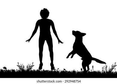 Vector silhouette of a woman with a dog on a meadow.