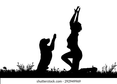 Vector silhouette of a woman with a dog on a meadow.