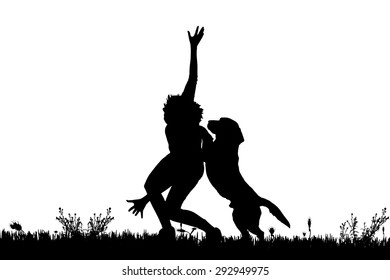 Vector silhouette of a woman with a dog on a meadow.