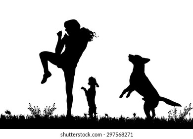 Vector silhouette of a woman with a dog on a meadow.