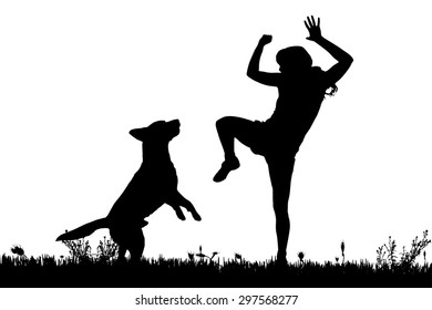 Vector silhouette of a woman with a dog on a meadow.