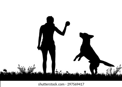 Vector silhouette of a woman with a dog on a meadow.