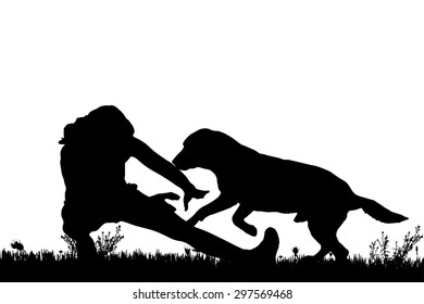 Vector silhouette of a woman with a dog on a meadow.