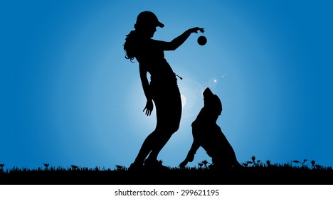 Vector silhouette of a woman with a dog on a meadow.