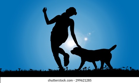 Vector silhouette of a woman with a dog on a meadow.