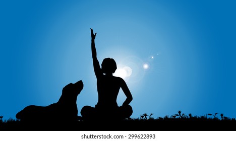 Vector silhouette of a woman with a dog on a meadow.