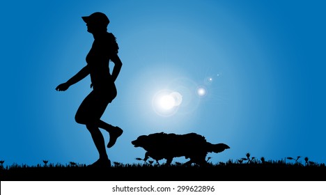 Vector silhouette of a woman with a dog on a meadow.