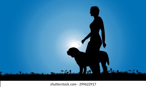 Vector silhouette of a woman with a dog on a meadow.