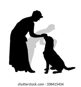 Vector silhouette of a woman with a dog on a white background.