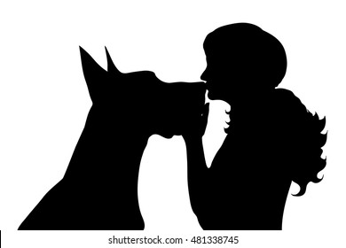 Vector silhouette of woman with dog on white background.