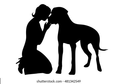 Vector silhouette of woman with dog on white background.