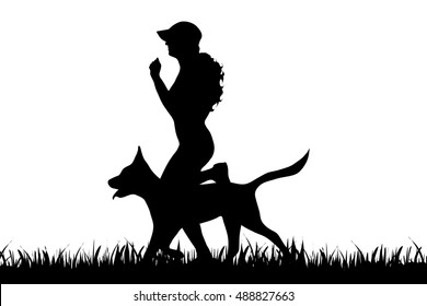 Vector silhouette of woman with dog on white background.