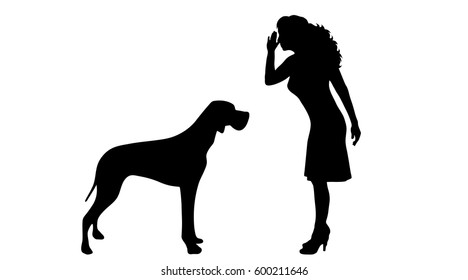 Vector silhouette of woman with dog on white background.