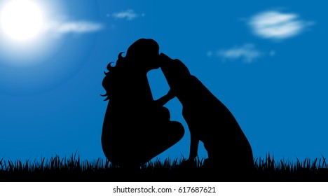 Vector silhouette of woman with dog on garden.