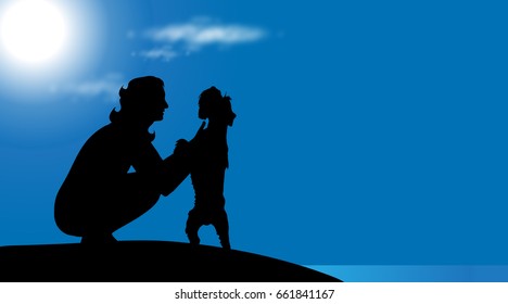 Vector silhouette of woman with dog on the beach at sunny day.