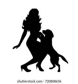Vector silhouette of woman with dog on white background.
