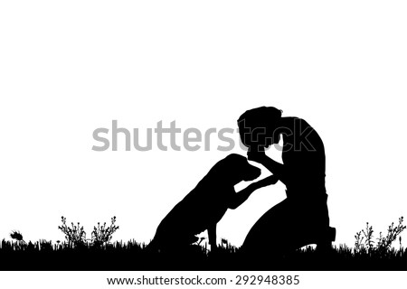 Vector silhouette of a woman with a dog on a meadow.