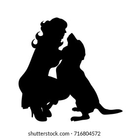 Vector silhouette of woman with dog in white background.