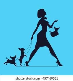 Vector silhouette of  woman with dog. Young woman walking dogs. Fashionista with dogs