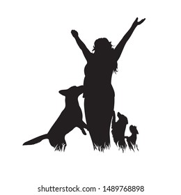 Vector silhouette of woman with dogs on white background. Symbol of girl, friends, animal, pet, sport.