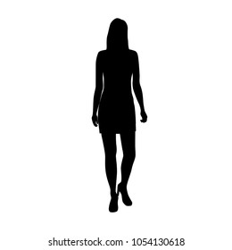 Vector silhouette woman in dress standing,  people, single, black color, isolated on white background