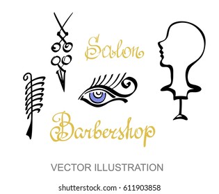 Vector silhouette of woman, eye and barber shop objects. Logo design, calligraphy font with words Barbershop and Salon for poster or banner, isolated illustration in black and golden color 
