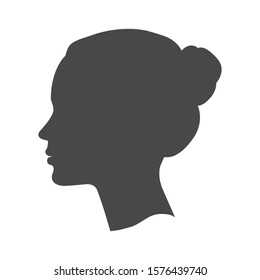 Vector Silhouette Of Woman Face In Profile. Portrait Of Young Beautiful Girl Looking Side. Close Up Isolated Illustration On White.