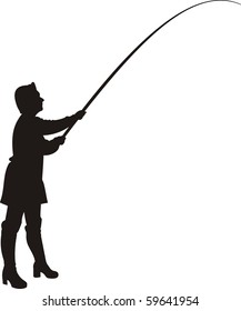 Vector silhouette of woman in fishing.