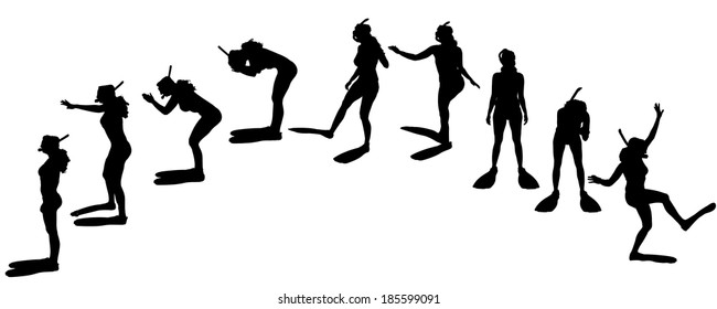 Vector silhouette of a woman with flippers and a snorkel.