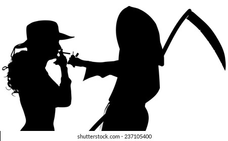 Vector silhouette of a woman with the Grim Reaper on a white background.