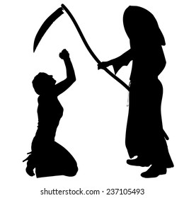 Vector silhouette of a woman with the Grim Reaper on a white background.