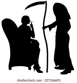Vector silhouette of a woman with the Grim Reaper on a white background.